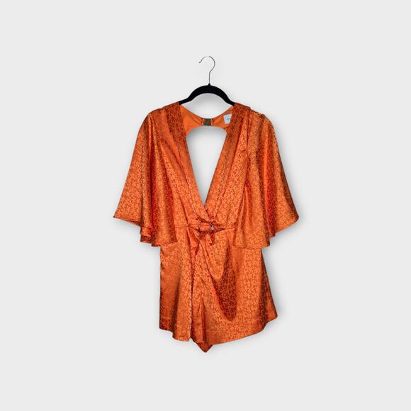Significant Other Women's Isabel Romper Orange XS Flare Sleeve Ring Cutout Satin - Picture 3 of 11